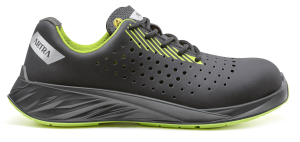 ESD-Sicherheitsschuhe ARYEL 320 Air – grüne Variant, Detailansicht des veganen Obermaterials NUVYA SKINYUM, Ergonomische Einlegesohle SOFTYUM 2D,  Rutschfeste Sohle mit ESD-Schutz