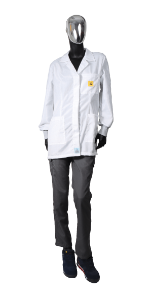 White ESD coat for women, with knitted cuff, material TH65